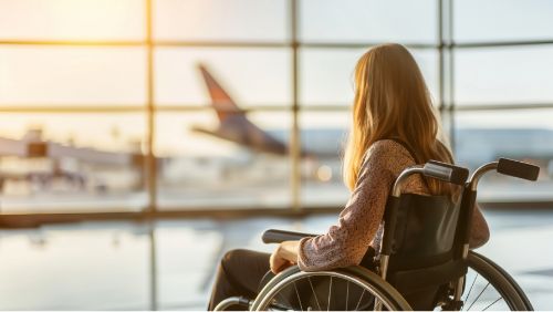 Flying with a disability: Tourist checking in at the airport.